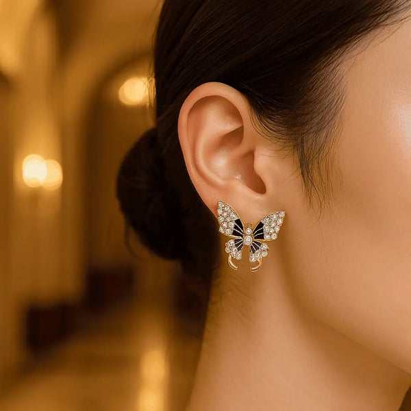 Midnight Pearl Butterfly Stud Earrings