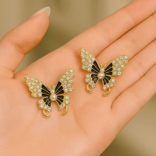Midnight Pearl Butterfly Stud Earrings