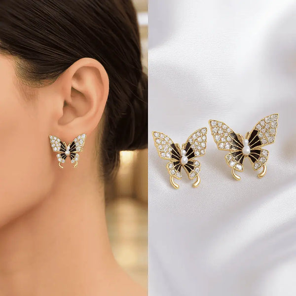 Midnight Pearl Butterfly Stud Earrings