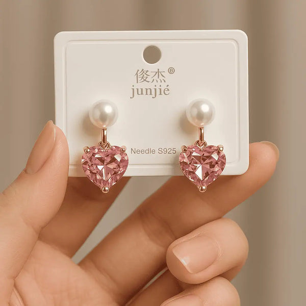 Pink Pearl Heart Drop Earrings
