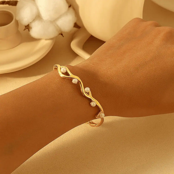 Golden Wave Pearl Cuff Bracelet