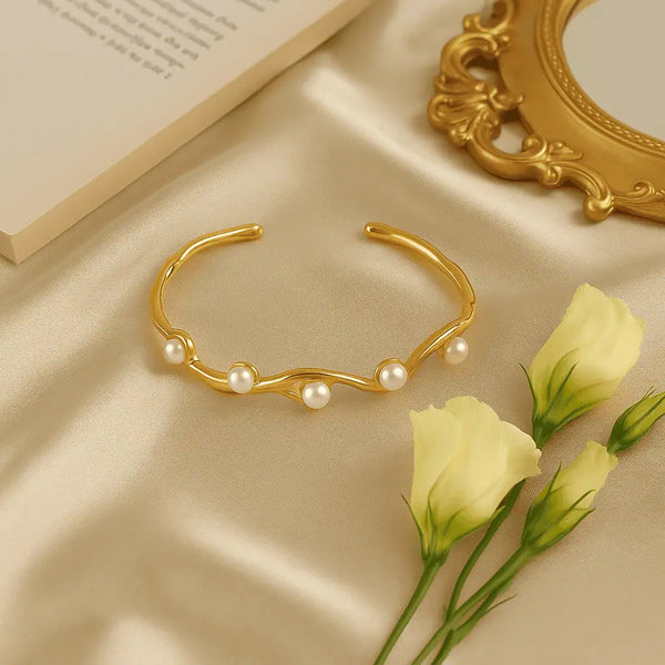 Golden Wave Pearl Cuff Bracelet