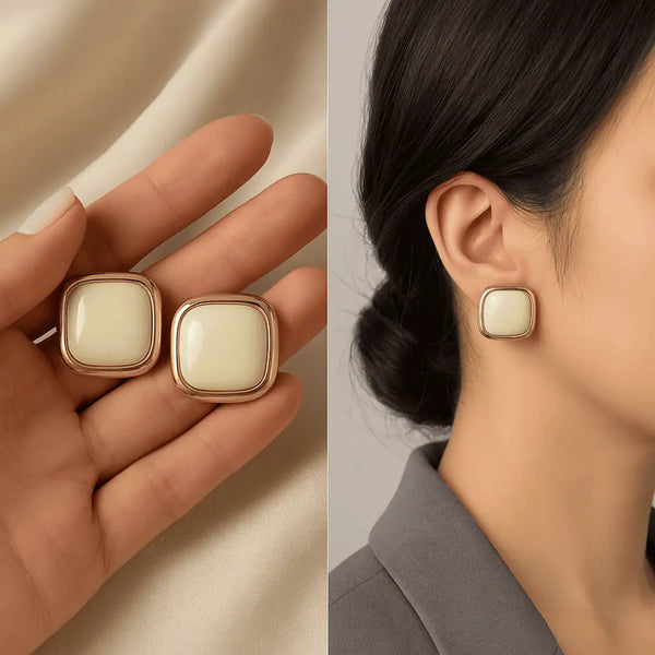 Ivory Pearl Square Stud Earrings – Minimal Gold-Tone Elegant Studs