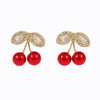 Vintage Cherry Drop Earrings – Red Enamel & Crystal Leaf Studs
