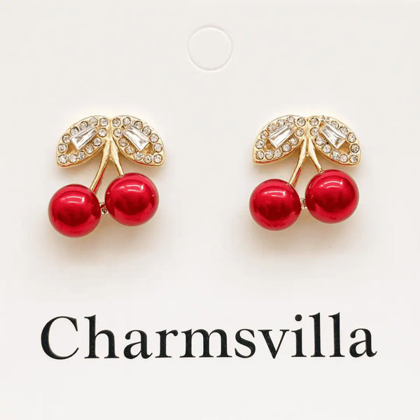Vintage Cherry Drop Earrings – Red Enamel & Crystal Leaf Studs