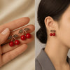 Vintage Cherry Drop Earrings – Red Enamel & Crystal Leaf Studs
