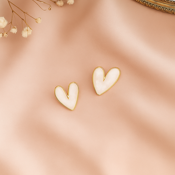 White Enamel Heart Stud Earrings