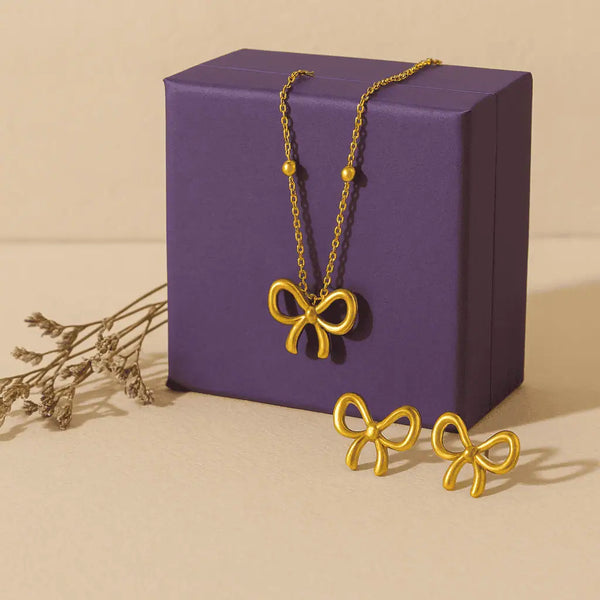 ✨ Golden Bow Necklace & Earring Set