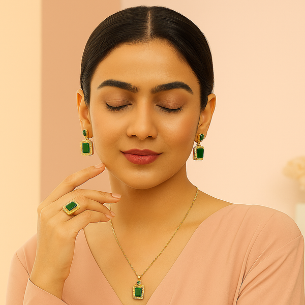 Green Emerald Necklace & Earring Set – Elegant Gold‑Plated Crystal Jewellery