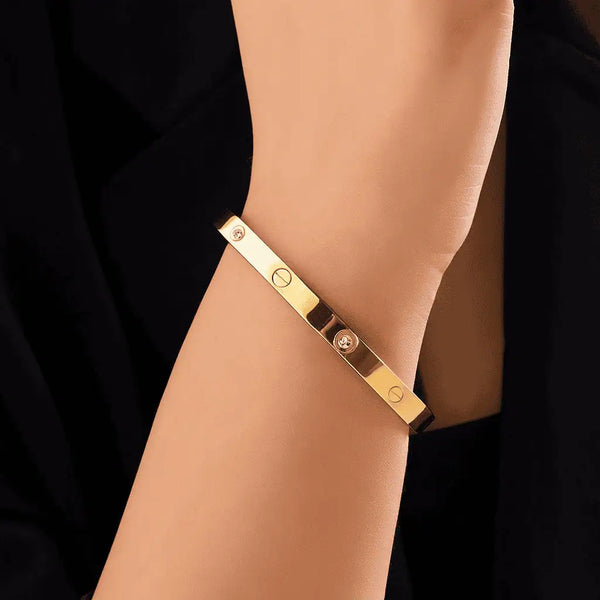Golden Screw-Detail Crystal Bangle