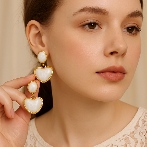 White Elegance Heart Drops Earrings