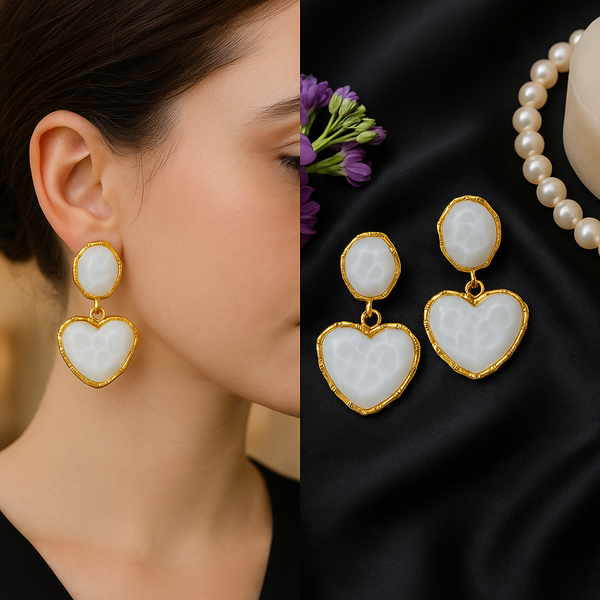 White Elegance Heart Drops Earrings