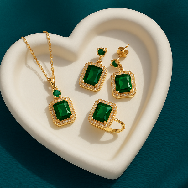 Green Emerald Necklace & Earring Set – Elegant Gold‑Plated Crystal Jewellery