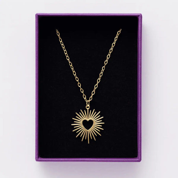 Golden Sunburst Heart Pendant Necklace – Waterproof and Anti-Tarnish