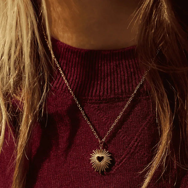 Golden Sunburst Heart Pendant Necklace – Waterproof and Anti-Tarnish
