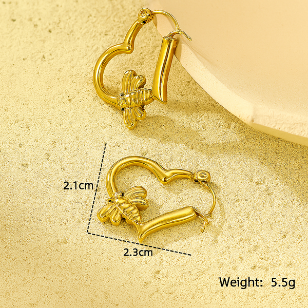 Golden Heart Butterfly Charm Hoop- Anti Tarnish Earrings