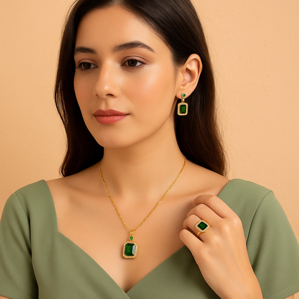 Green Emerald Necklace & Earring Set – Elegant Gold‑Plated Crystal Jewellery