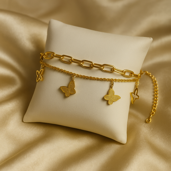 “Double‑Layer Gold Butterfly Charm Bracelet – Anti‑Tarnish Korean Style”