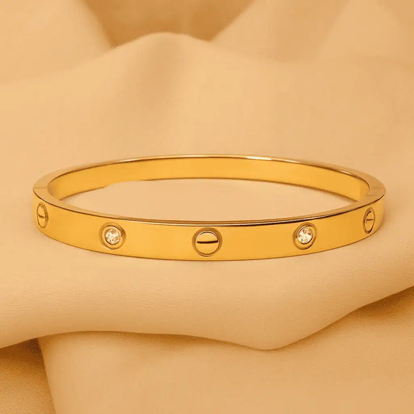 Golden Screw-Detail Crystal Bangle